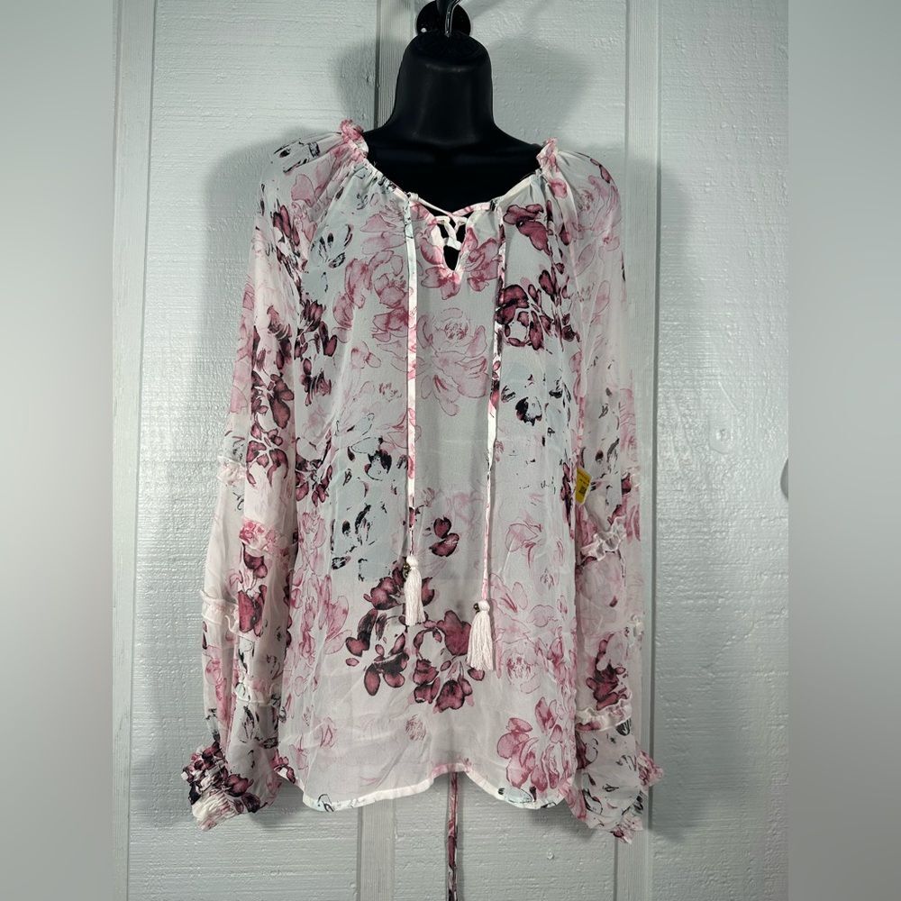 American Rag Long Sleeve Pink Floral Sheer Top Size XL EUC
